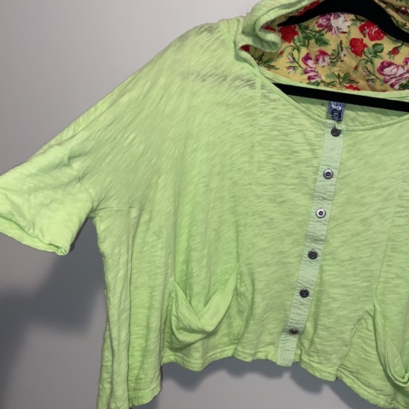Vintage Free People Lime Green Floral Crop Short Sleeve Slouchy Hoodie Small - Picture 5 of 11